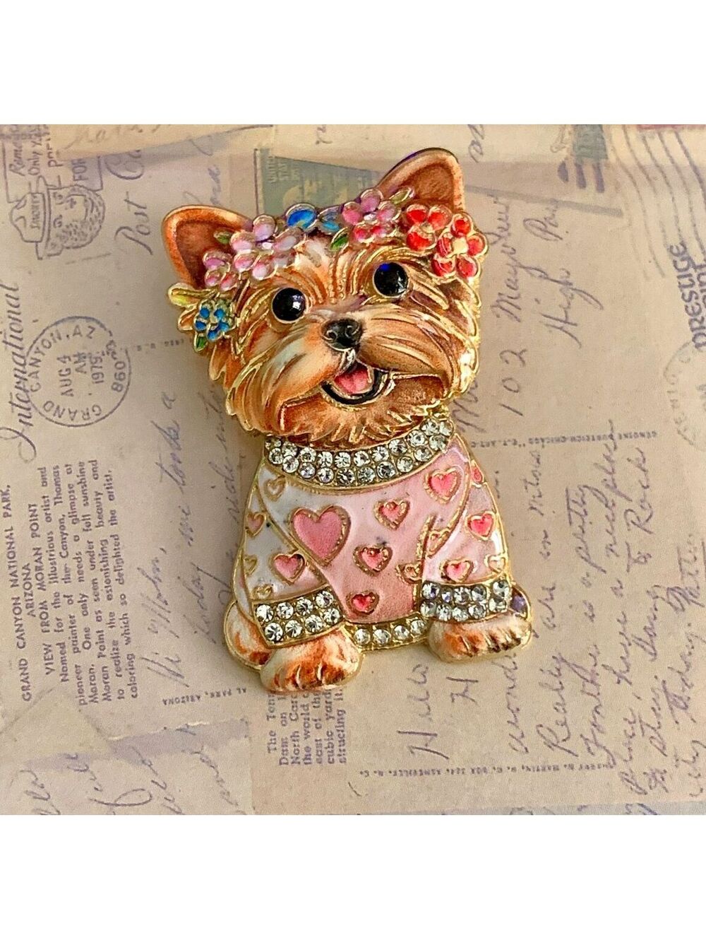 Charming Yorkie Dog Brooch with Sparkly Rhinestones & Floral Crown